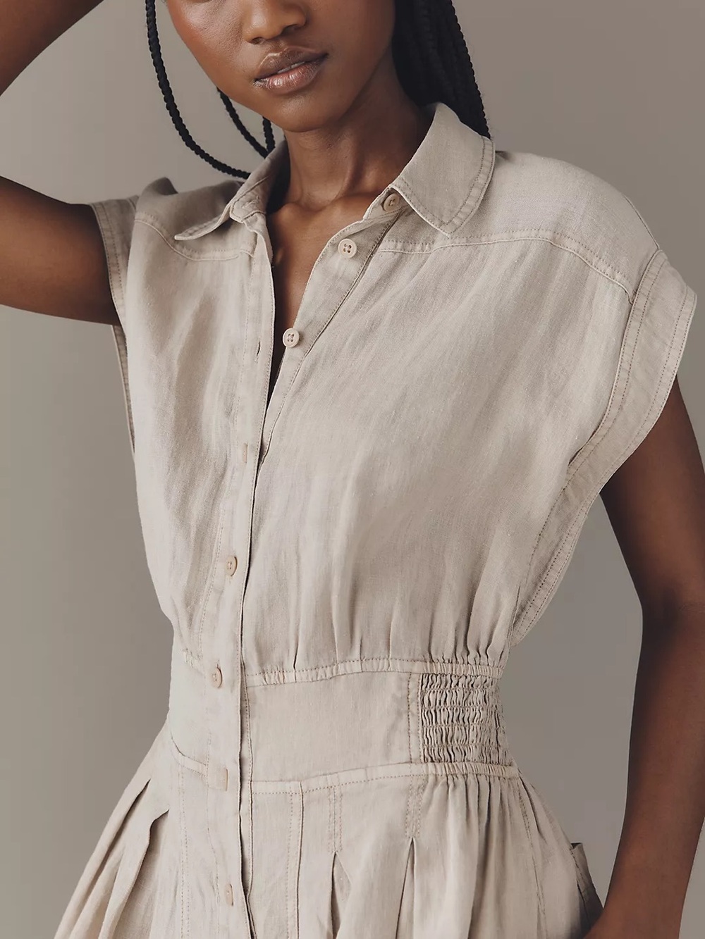 Anthropologie Beige Sleeveless Button-Front Wide-Leg Jumpsuit - Picture 2 of 10